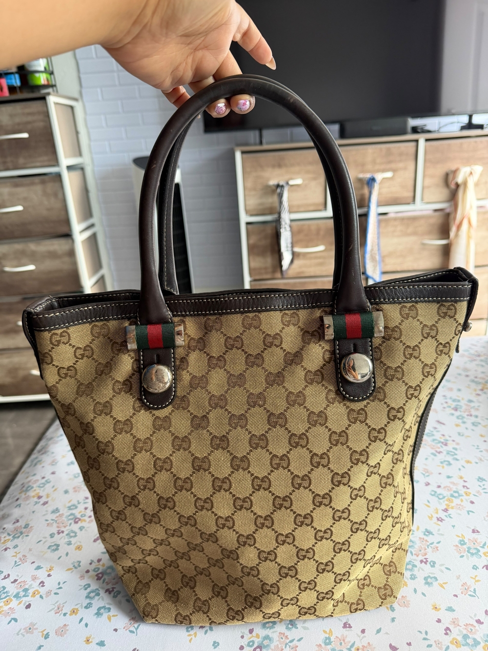 Gucci Beige Monogram Canvas Tote with Dark Brown Leather Handles